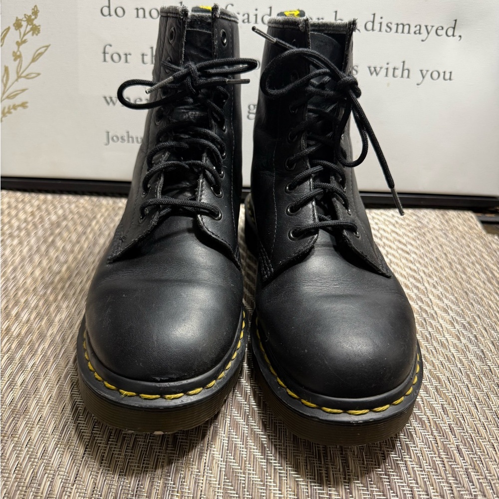 Dr. Martens Black Leather Boots with Yellow Accents Women Sz 8/ Men 7. Box 10